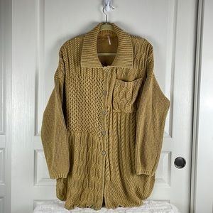 Free People Say Anything Yellow Cable Knit Cardigan Sweater Oversized L NEW
